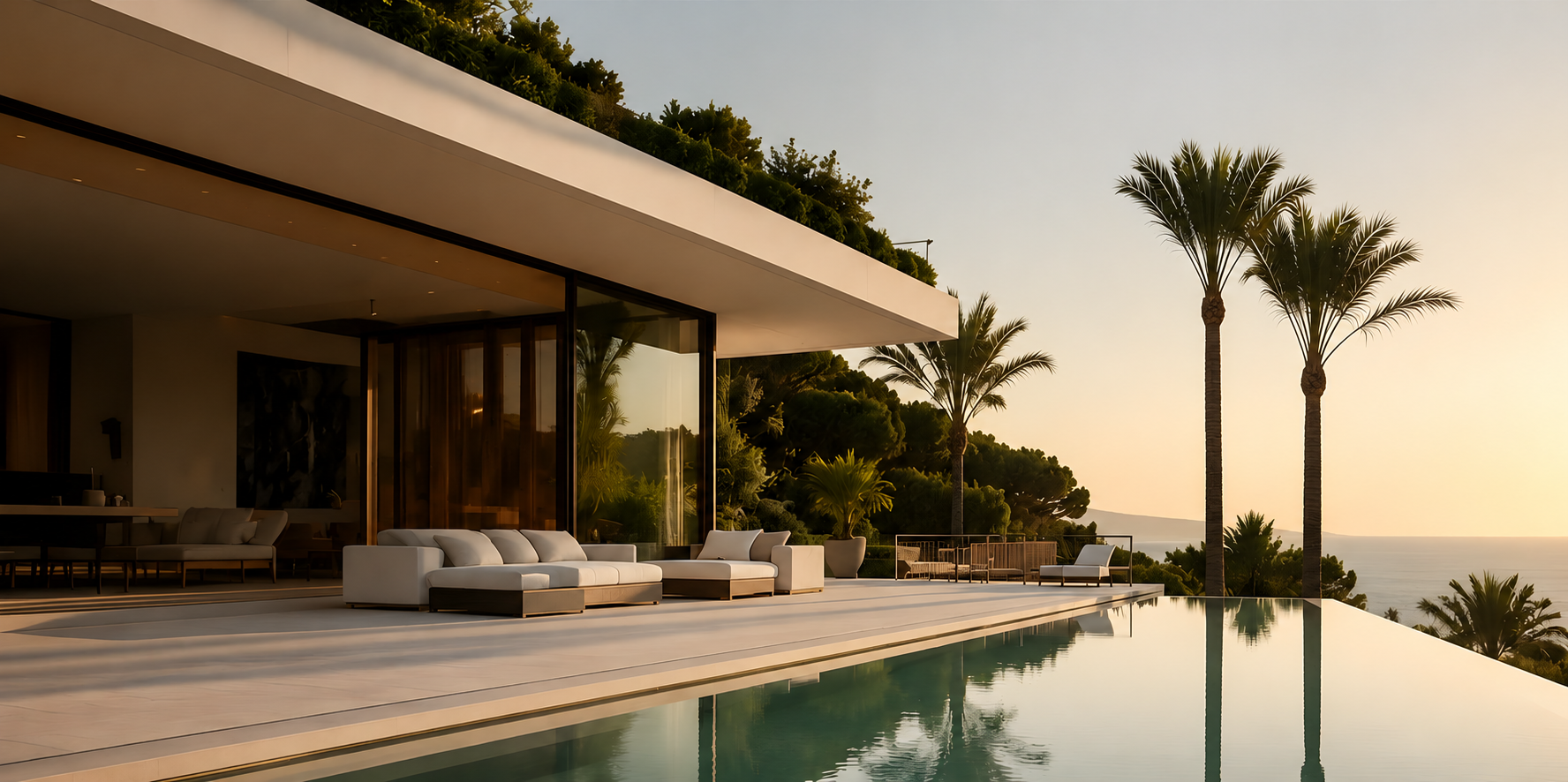 Villa de lujo con piscina infinita en Marbella al atardecer